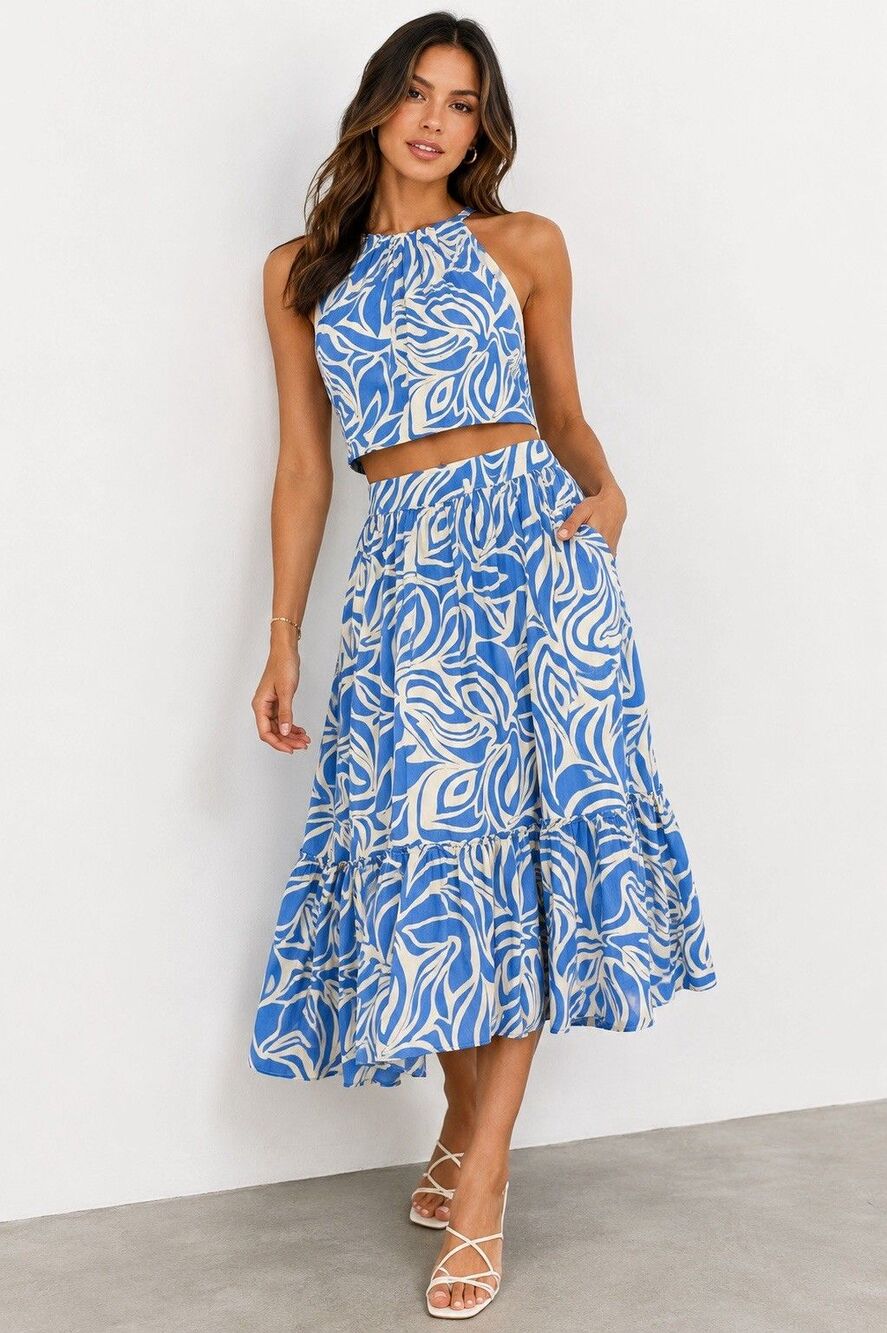 1.STATE Blue White Abstract Print Halter Crop Top Midi Skirt Set Size L NWT